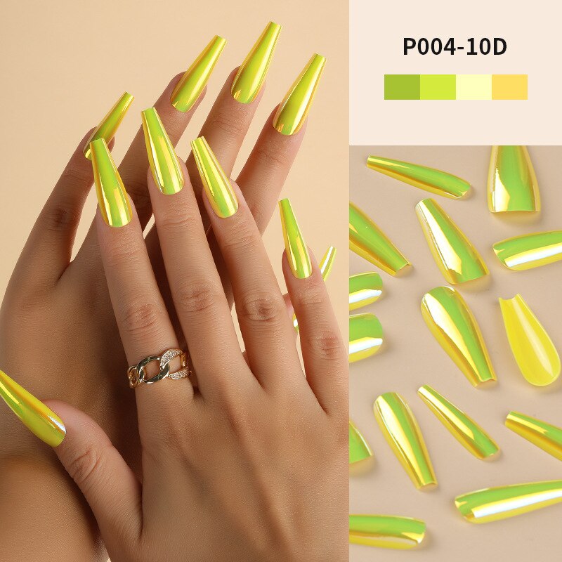24Pcs/Box Ballerina Press on Nails Tips False Nail Art Full Cover Detachable Artificial Fake Nails Metal Mirror Powder Design 10