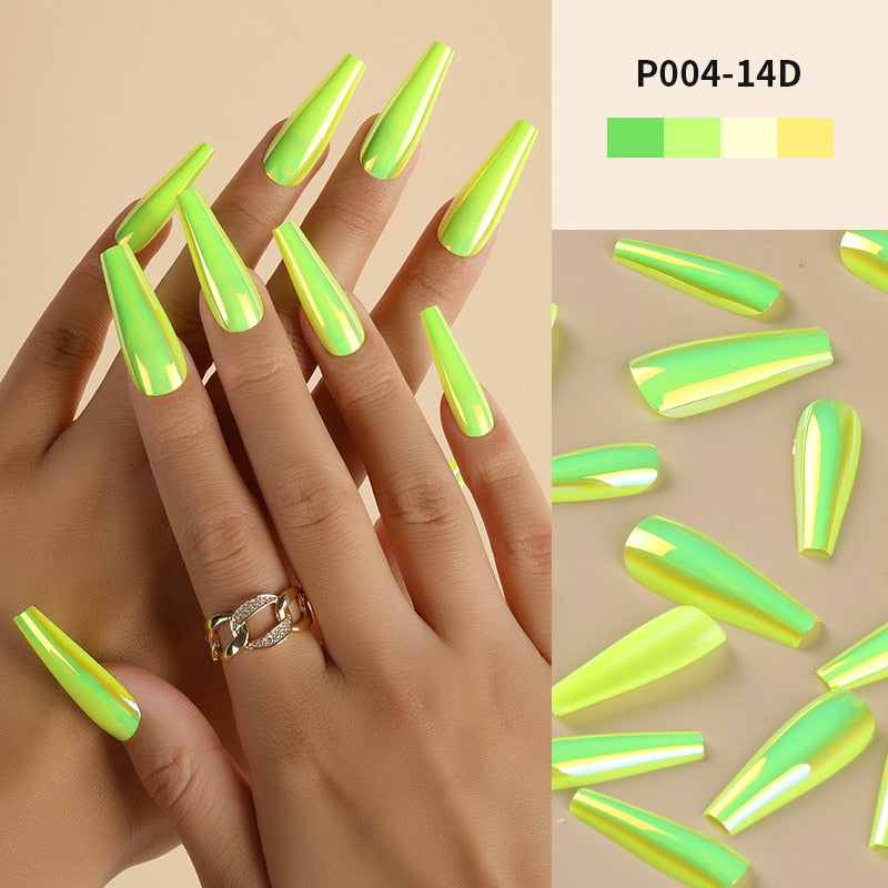 24Pcs/Box Ballerina Press on Nails Tips False Nail Art Full Cover Detachable Artificial Fake Nails Metal Mirror Powder Design 14