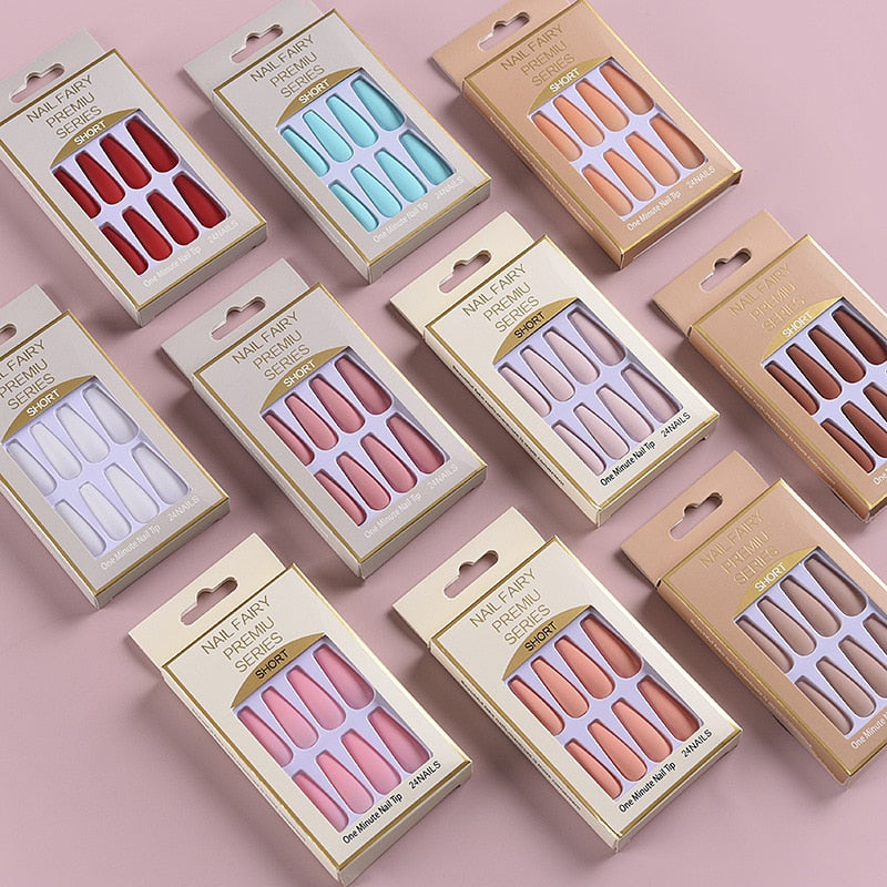 24Pcs/Box Matte Frosted False Nails Detachable Fake Nail Press On Full Cover Nail Tips With Glue Ballet Artificial Fingernails