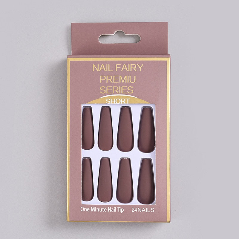 24Pcs/Box Matte Frosted False Nails Detachable Fake Nail Press On Full Cover Nail Tips With Glue Ballet Artificial Fingernails HZ-BL-A6