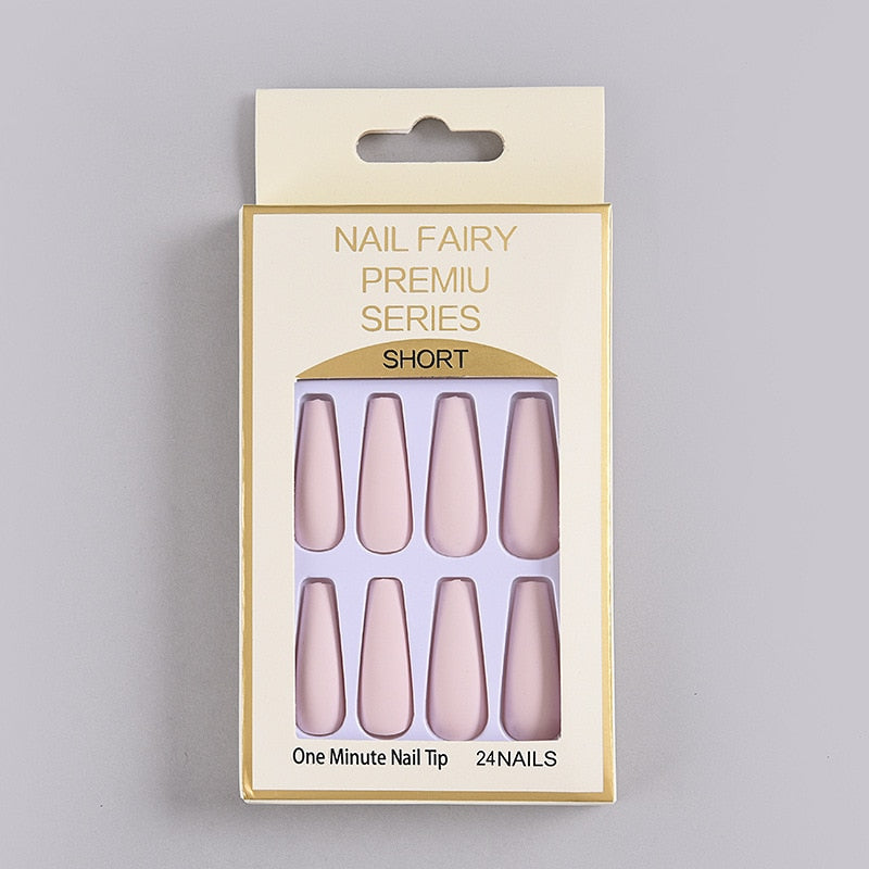 24Pcs/Box Matte Frosted False Nails Detachable Fake Nail Press On Full Cover Nail Tips With Glue Ballet Artificial Fingernails HZ-BL-A20