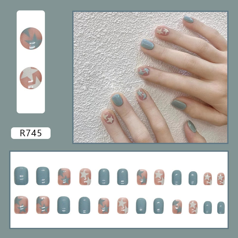24Pcs/Box Sweet Short Round/Square Head False Nail Art Full Cover Detachable Artificial Fake Nails Ballerina Press on Nails Tips R745
