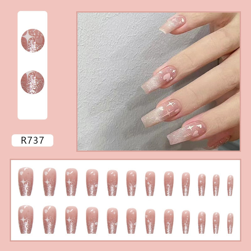 24Pcs/Box Sweet Short Round/Square Head False Nail Art Full Cover Detachable Artificial Fake Nails Ballerina Press on Nails Tips R737