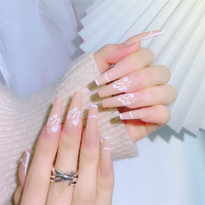 24Pcs/Box White French Fake Nails Press on Long XL Length Rhinestone Design False Nails Full Cover Acrylic Nail Tips JZJP-C-KS15