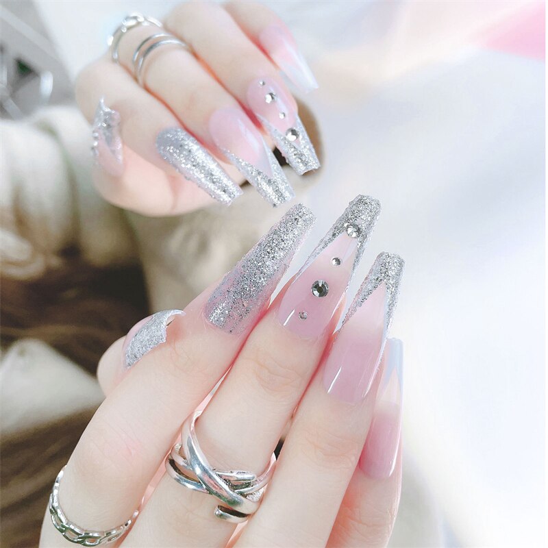 24Pcs/Box White French Fake Nails Press on Long XL Length Rhinestone Design False Nails Full Cover Acrylic Nail Tips JZJP-C-KS19
