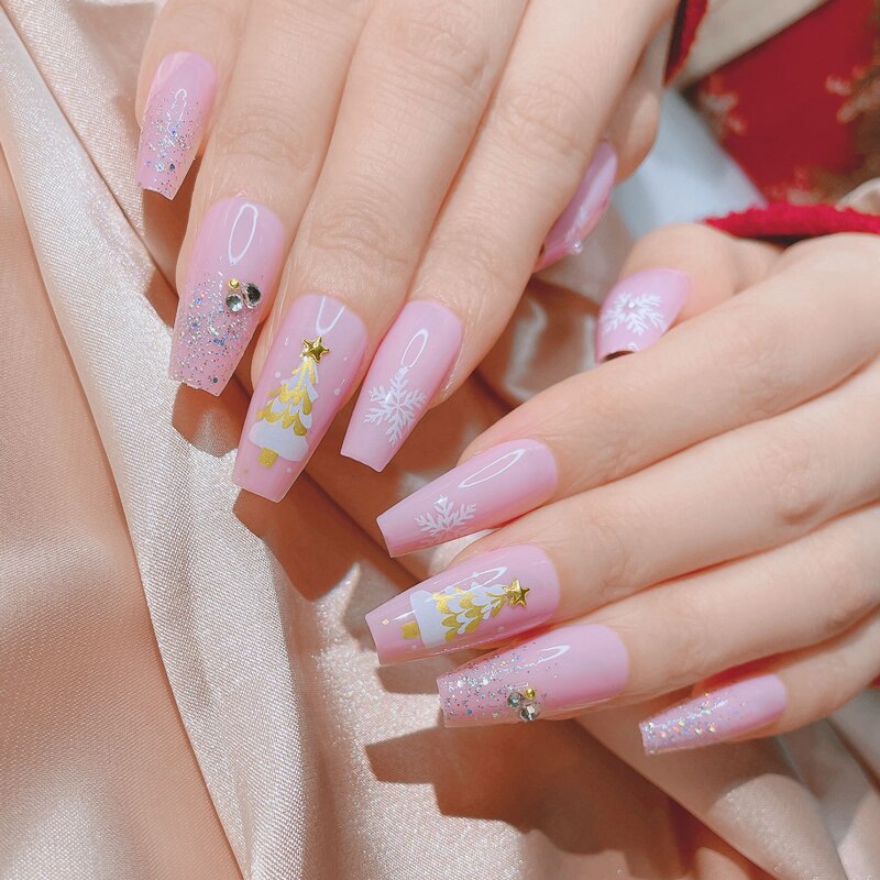 24Pcs/Box White French Fake Nails Press on Long XL Length Rhinestone Design False Nails Full Cover Acrylic Nail Tips JZJP-SD-03