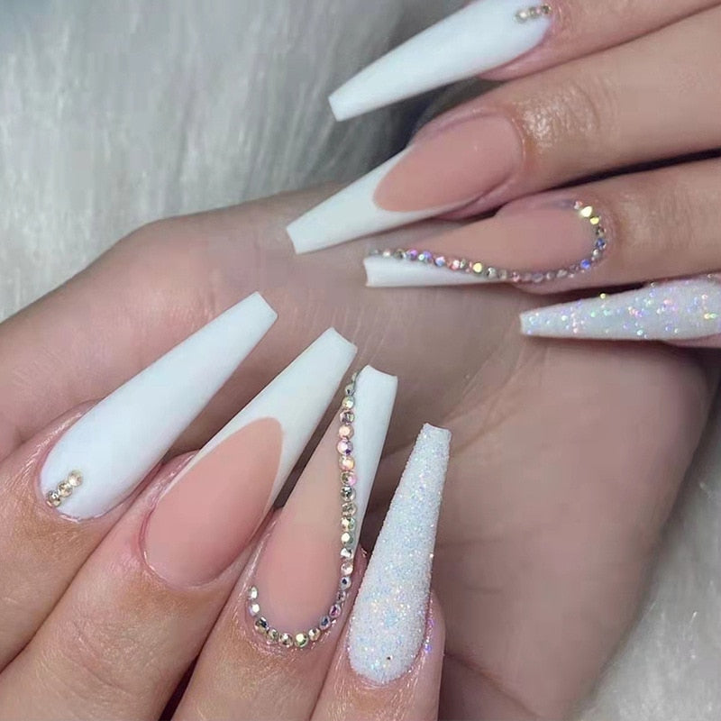 24Pcs/Box White French Fake Nails Press on Long XL Length Rhinestone Design False Nails Full Cover Acrylic Nail Tips JZJP-Z156