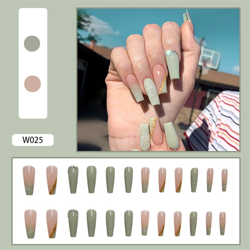 24Pcs/Box White French Fake Nails Press on Long XL Length Rhinestone Design False Nails Full Cover Acrylic Nail Tips JZJ-W025