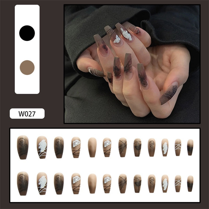 24Pcs/Box White French Fake Nails Press on Long XL Length Rhinestone Design False Nails Full Cover Acrylic Nail Tips JZJ-W027
