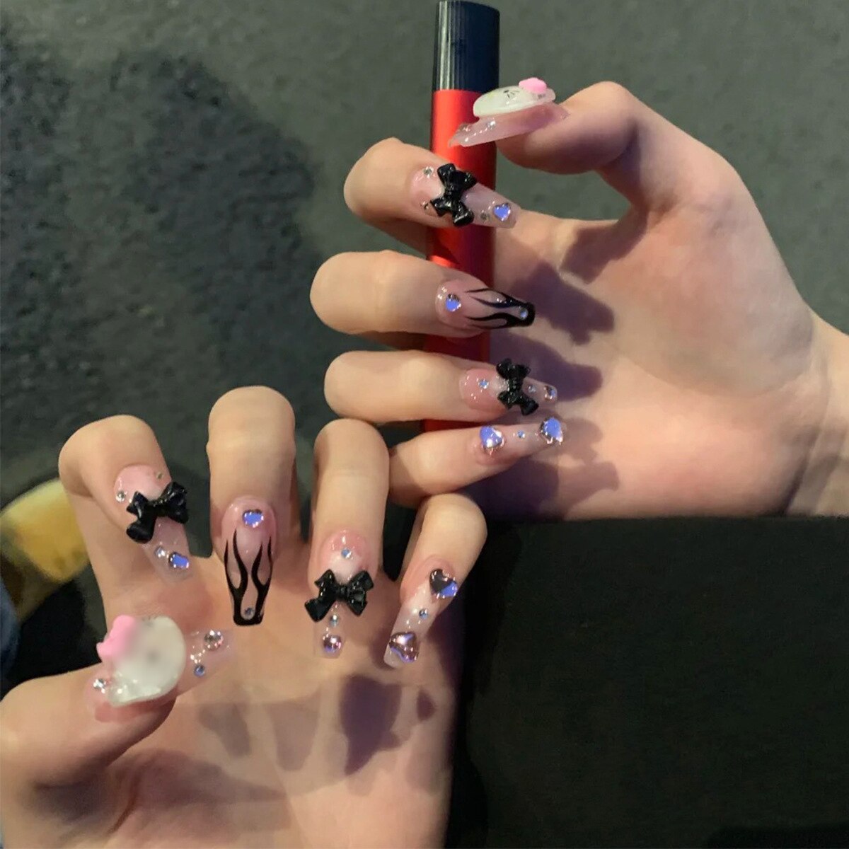 24Pcs/Box White French Fake Nails Press on Long XL Length Rhinestone Design False Nails Full Cover Acrylic Nail Tips JP1324-1