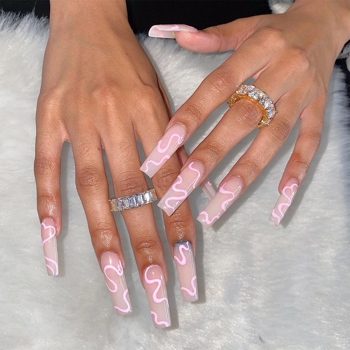 24Pcs/Box White French Fake Nails Press on Long XL Length Rhinestone Design False Nails Full Cover Acrylic Nail Tips JZJ-JP1083