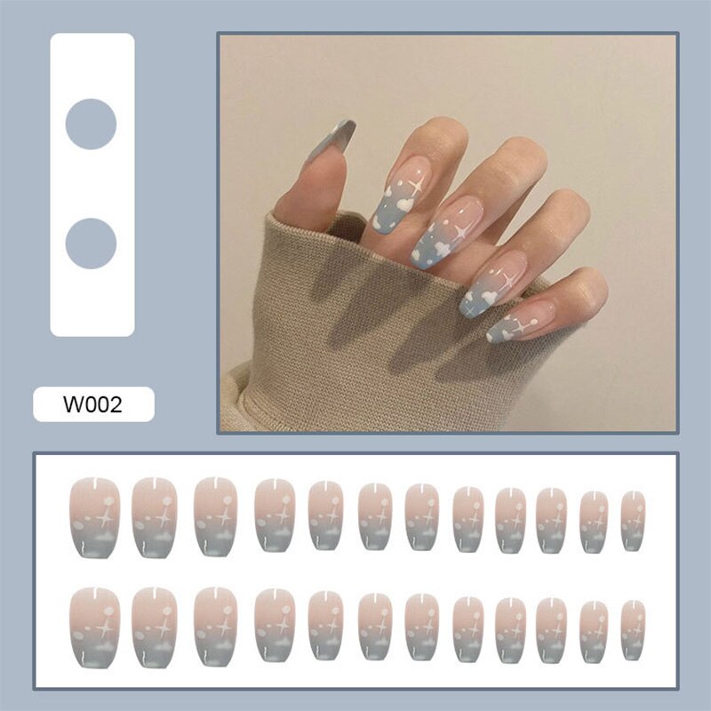 24Pcs/Box White French Fake Nails Press on Long XL Length Rhinestone Design False Nails Full Cover Acrylic Nail Tips JZJ-W002