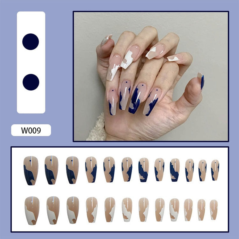 24Pcs/Box White French Fake Nails Press on Long XL Length Rhinestone Design False Nails Full Cover Acrylic Nail Tips JZJ-W009