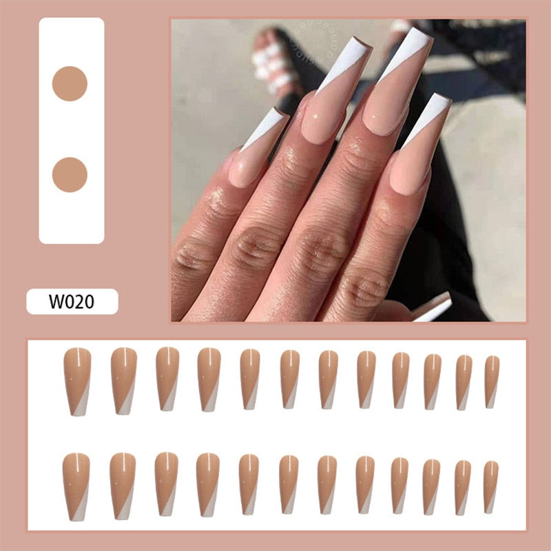 24Pcs/Box White French Fake Nails Press on Long XL Length Rhinestone Design False Nails Full Cover Acrylic Nail Tips JZJ-W020