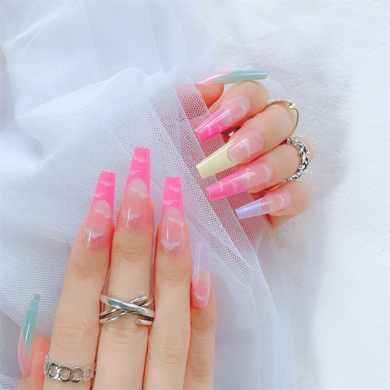 24Pcs/Box White French Fake Nails Press on Long XL Length Rhinestone Design False Nails Full Cover Acrylic Nail Tips JZJP-C-KS16
