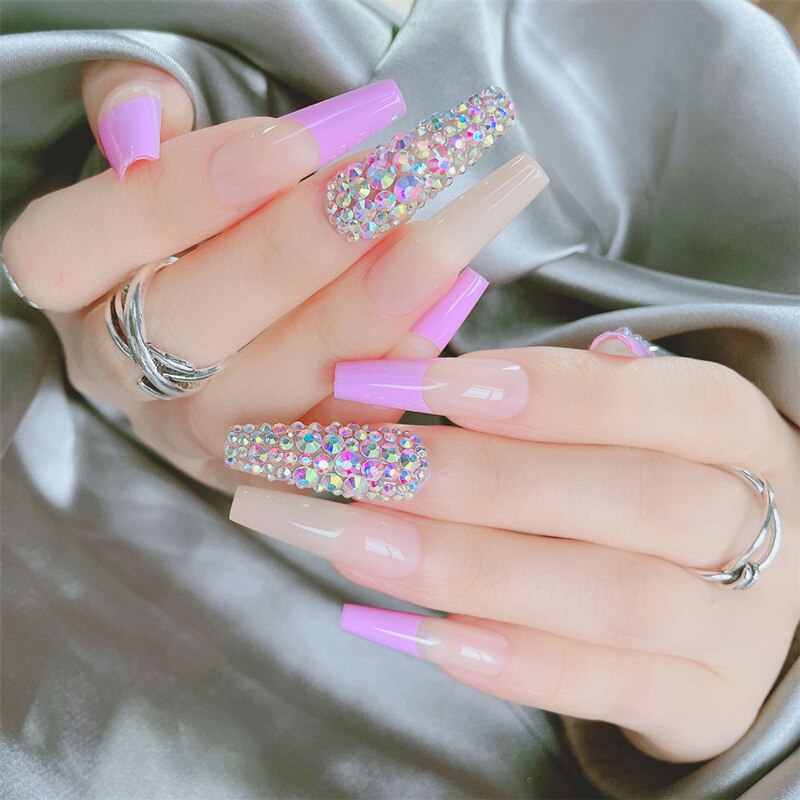 24Pcs/Box White French Fake Nails Press on Long XL Length Rhinestone Design False Nails Full Cover Acrylic Nail Tips JZJP-C-KS20
