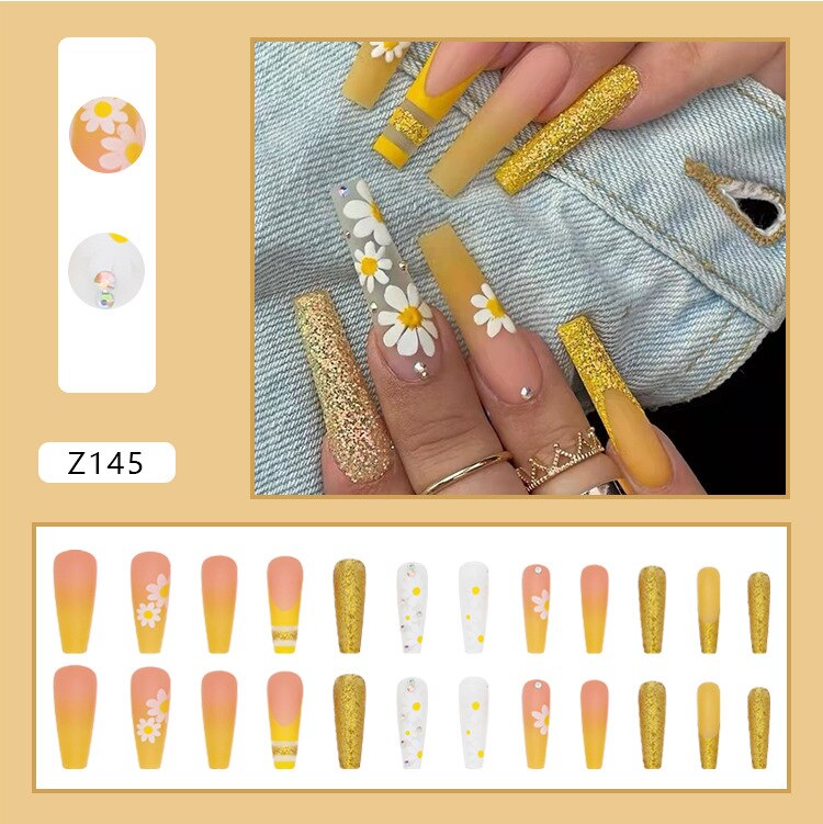 24Pcs/Box Yellow Daisy Long Ballerina Wearable Fake Nails Press on Full Cover Detachable Finished Fingernails Default Title