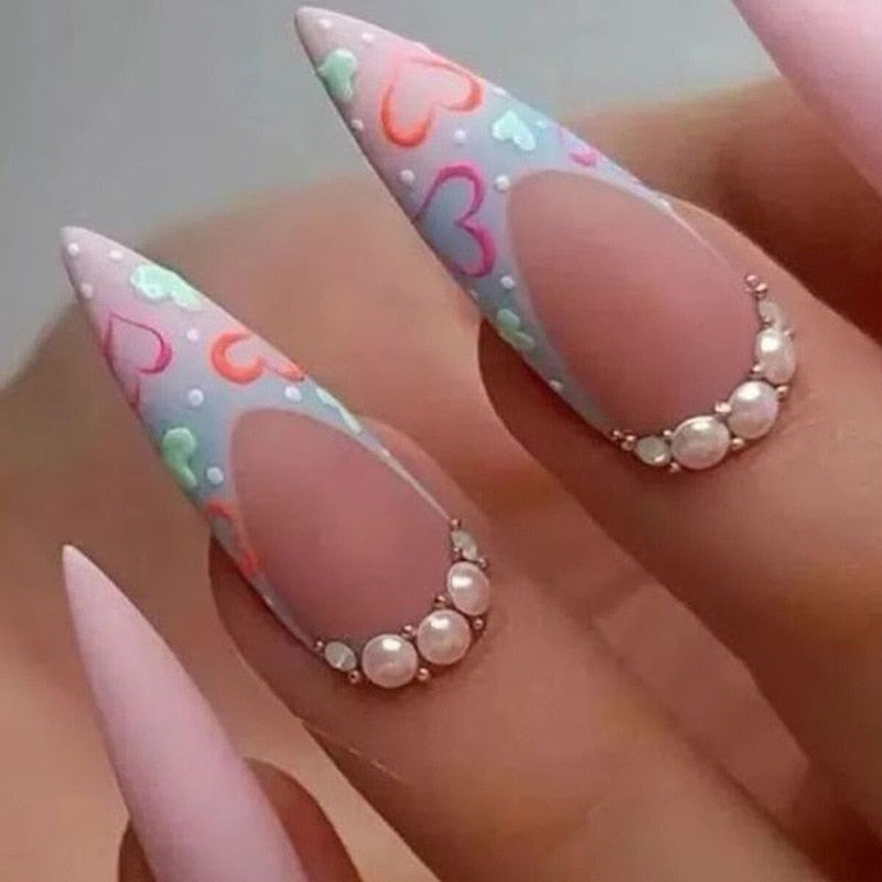 24Pcs Detachable Almond French Full Cover False Nails Silver Butterfly Lines Stiletto Fake Nials Press On Nails DIY Manicure 38