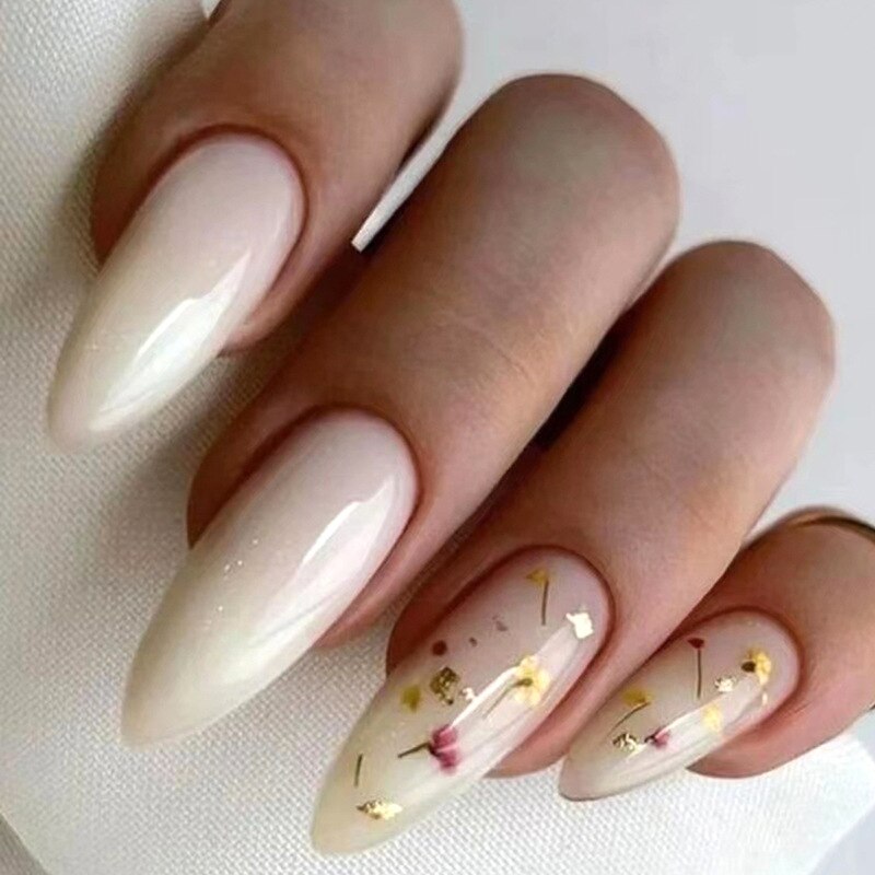 24Pcs Detachable Almond French Full Cover False Nails Silver Butterfly Lines Stiletto Fake Nials Press On Nails DIY Manicure 31