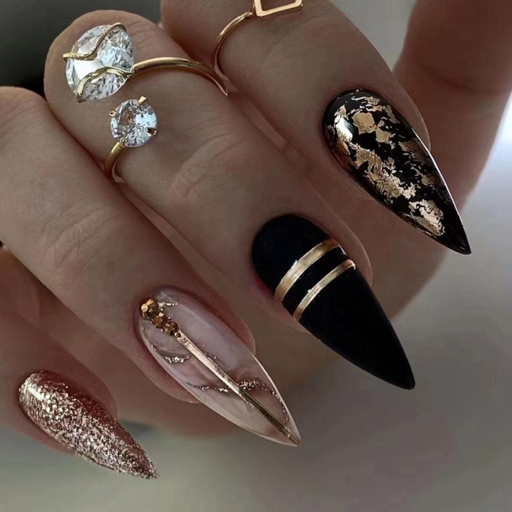 24Pcs Detachable Almond French Full Cover False Nails Silver Butterfly Lines Stiletto Fake Nials Press On Nails DIY Manicure 15