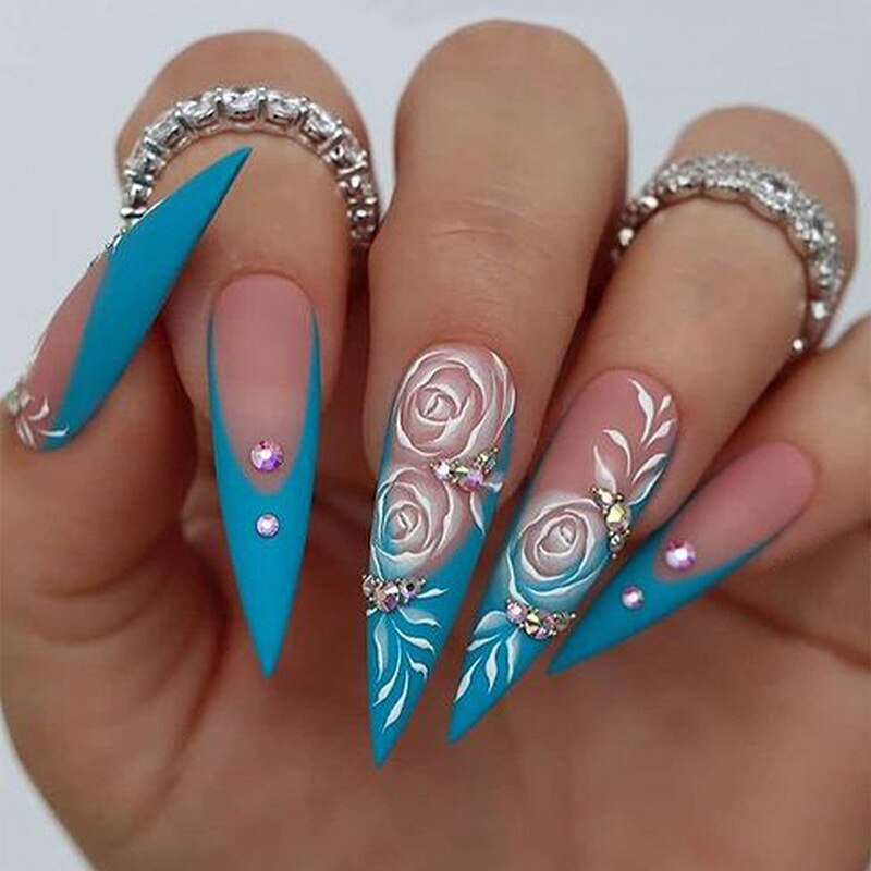 24Pcs Detachable Almond French Full Cover False Nails Silver Butterfly Lines Stiletto Fake Nials Press On Nails DIY Manicure 39