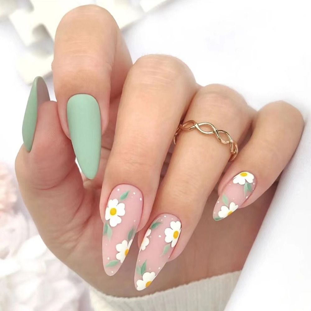 24Pcs Detachable Almond French Full Cover False Nails Silver Butterfly Lines Stiletto Fake Nials Press On Nails DIY Manicure 19