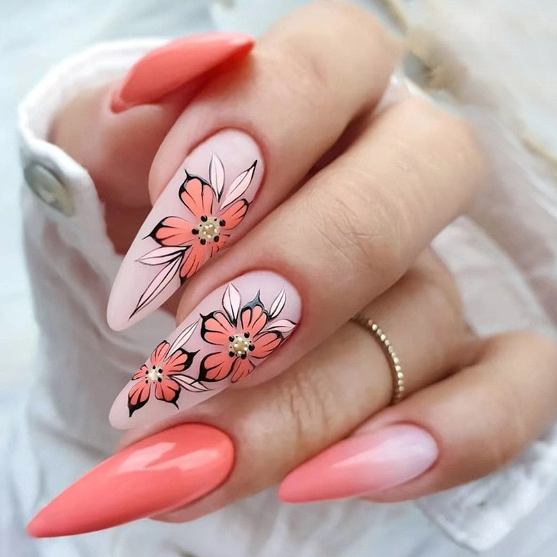 24Pcs Detachable Almond French Full Cover False Nails Silver Butterfly Lines Stiletto Fake Nials Press On Nails DIY Manicure 42