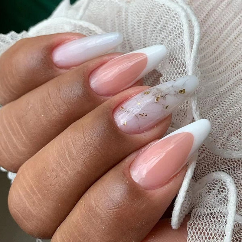 24Pcs Detachable Almond French Full Cover False Nails Silver Butterfly Lines Stiletto Fake Nials Press On Nails DIY Manicure 36
