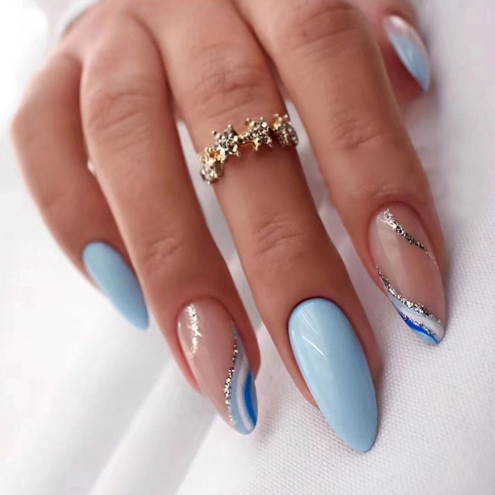 24Pcs Detachable Almond French Full Cover False Nails Silver Butterfly Lines Stiletto Fake Nials Press On Nails DIY Manicure 6