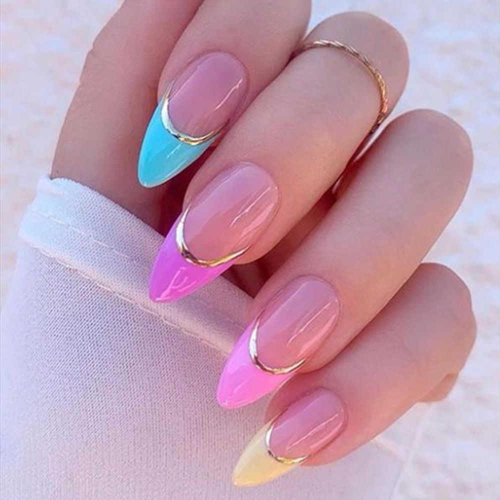 24Pcs Detachable Almond French Full Cover False Nails Silver Butterfly Lines Stiletto Fake Nials Press On Nails DIY Manicure 23