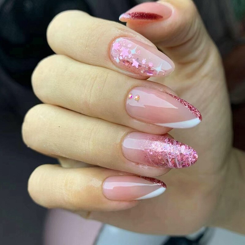 24Pcs Detachable Almond French Full Cover False Nails Silver Butterfly Lines Stiletto Fake Nials Press On Nails DIY Manicure 26