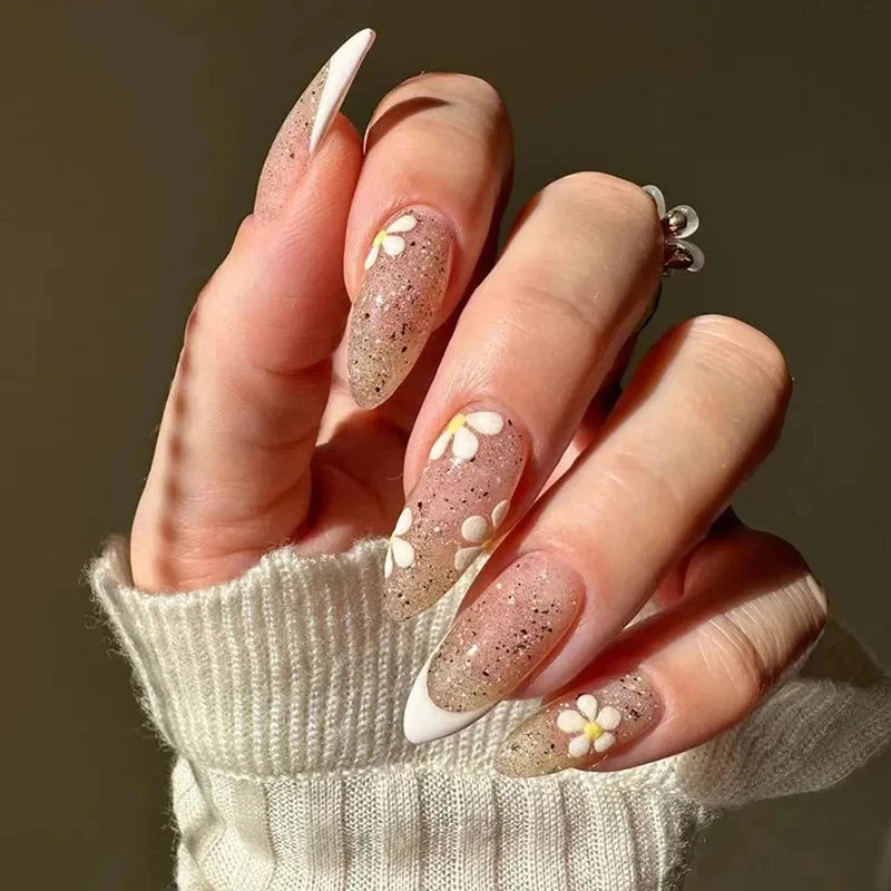 24Pcs Detachable Almond French Full Cover False Nails Silver Butterfly Lines Stiletto Fake Nials Press On Nails DIY Manicure 22