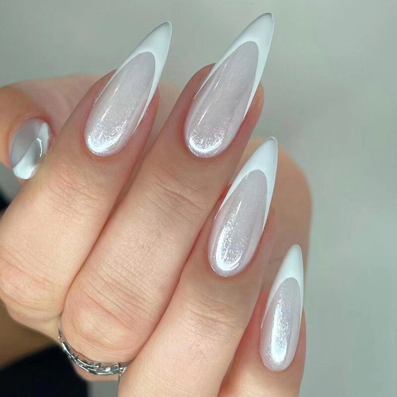 24Pcs Detachable Almond French Full Cover False Nails Silver Butterfly Lines Stiletto Fake Nials Press On Nails DIY Manicure 35
