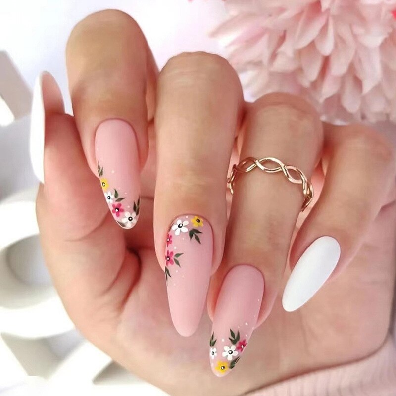 24Pcs Detachable Almond French Full Cover False Nails Silver Butterfly Lines Stiletto Fake Nials Press On Nails DIY Manicure 33
