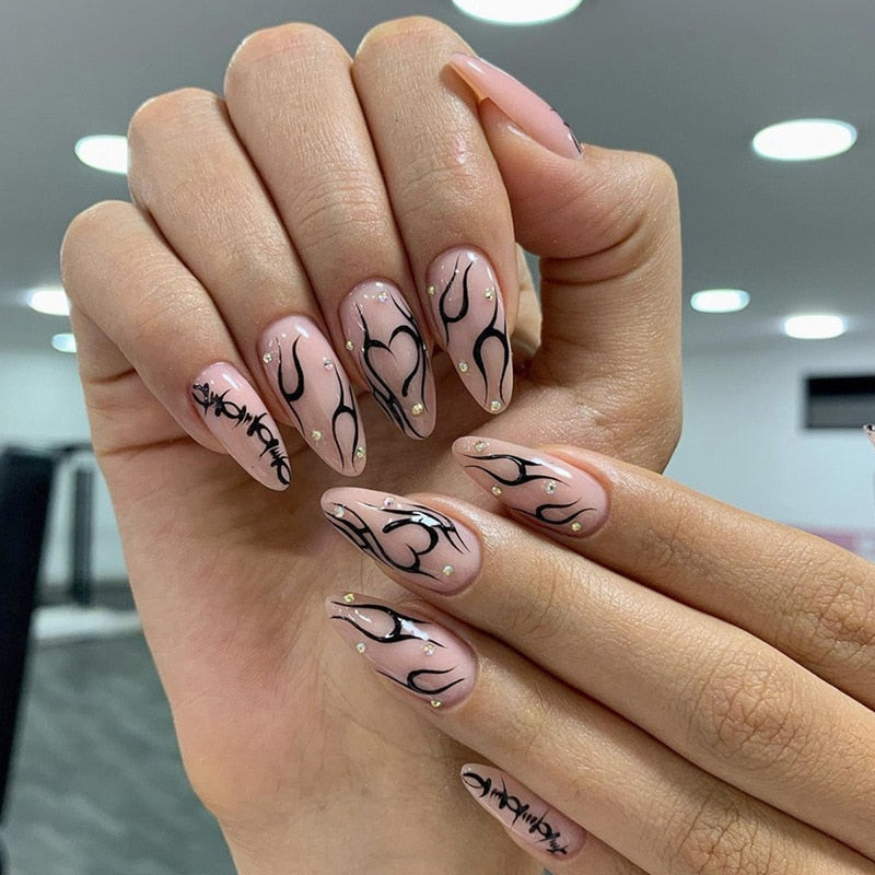 24Pcs Detachable Almond French Full Cover False Nails Silver Butterfly Lines Stiletto Fake Nials Press On Nails DIY Manicure 3