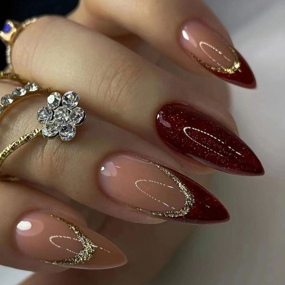 24Pcs Detachable Almond French Full Cover False Nails Silver Butterfly Lines Stiletto Fake Nials Press On Nails DIY Manicure 9