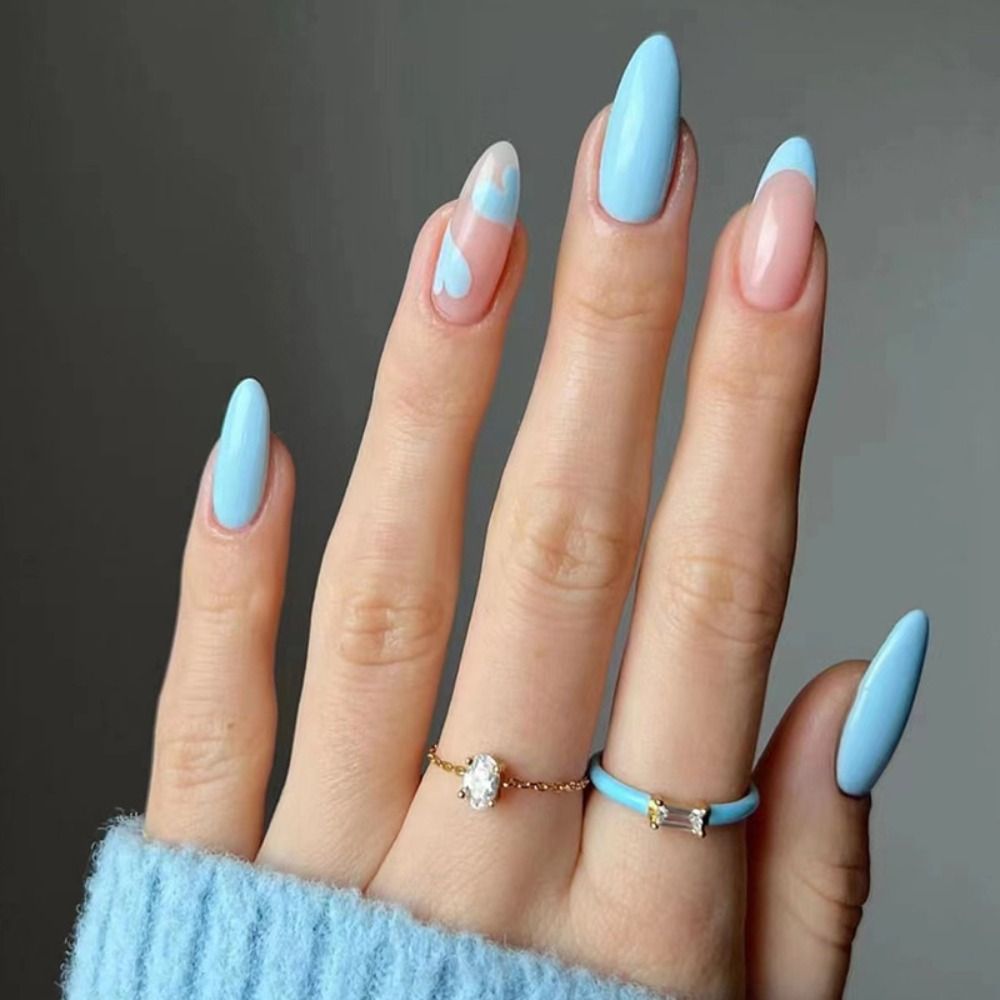 24Pcs Detachable Almond French Full Cover False Nails Silver Butterfly Lines Stiletto Fake Nials Press On Nails DIY Manicure 10