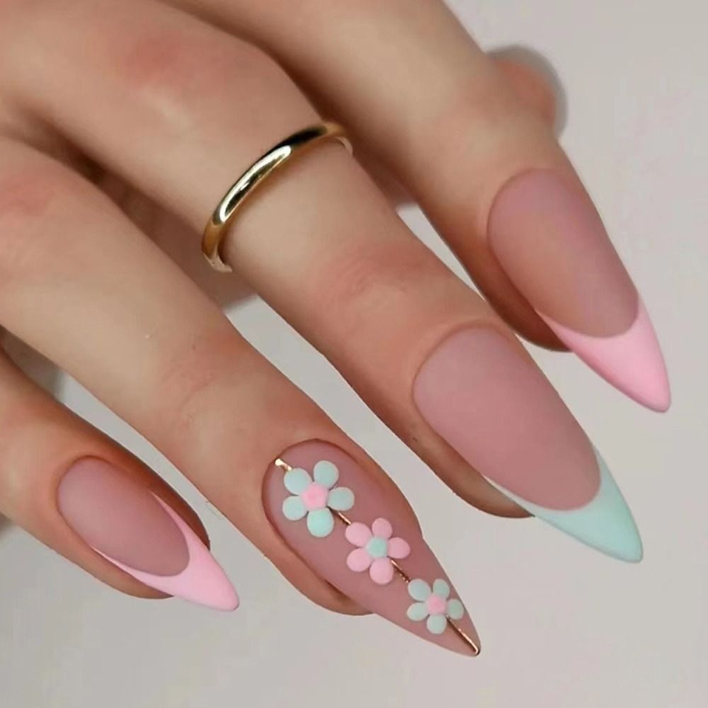 24Pcs Detachable Almond French Full Cover False Nails Silver Butterfly Lines Stiletto Fake Nials Press On Nails DIY Manicure 16