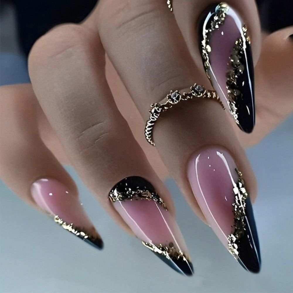 24Pcs Detachable Almond French Full Cover False Nails Silver Butterfly Lines Stiletto Fake Nials Press On Nails DIY Manicure 17