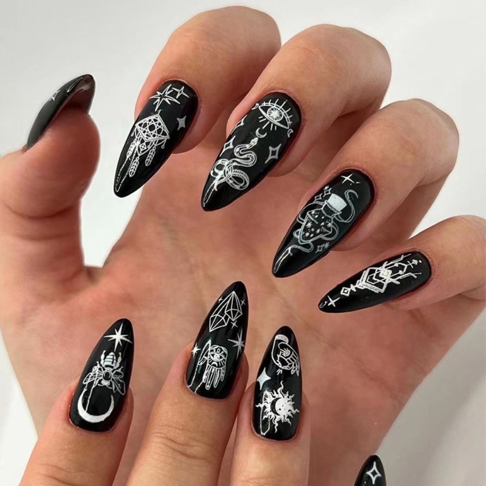24Pcs Detachable Almond French Full Cover False Nails Silver Butterfly Lines Stiletto Fake Nials Press On Nails DIY Manicure JP2096
