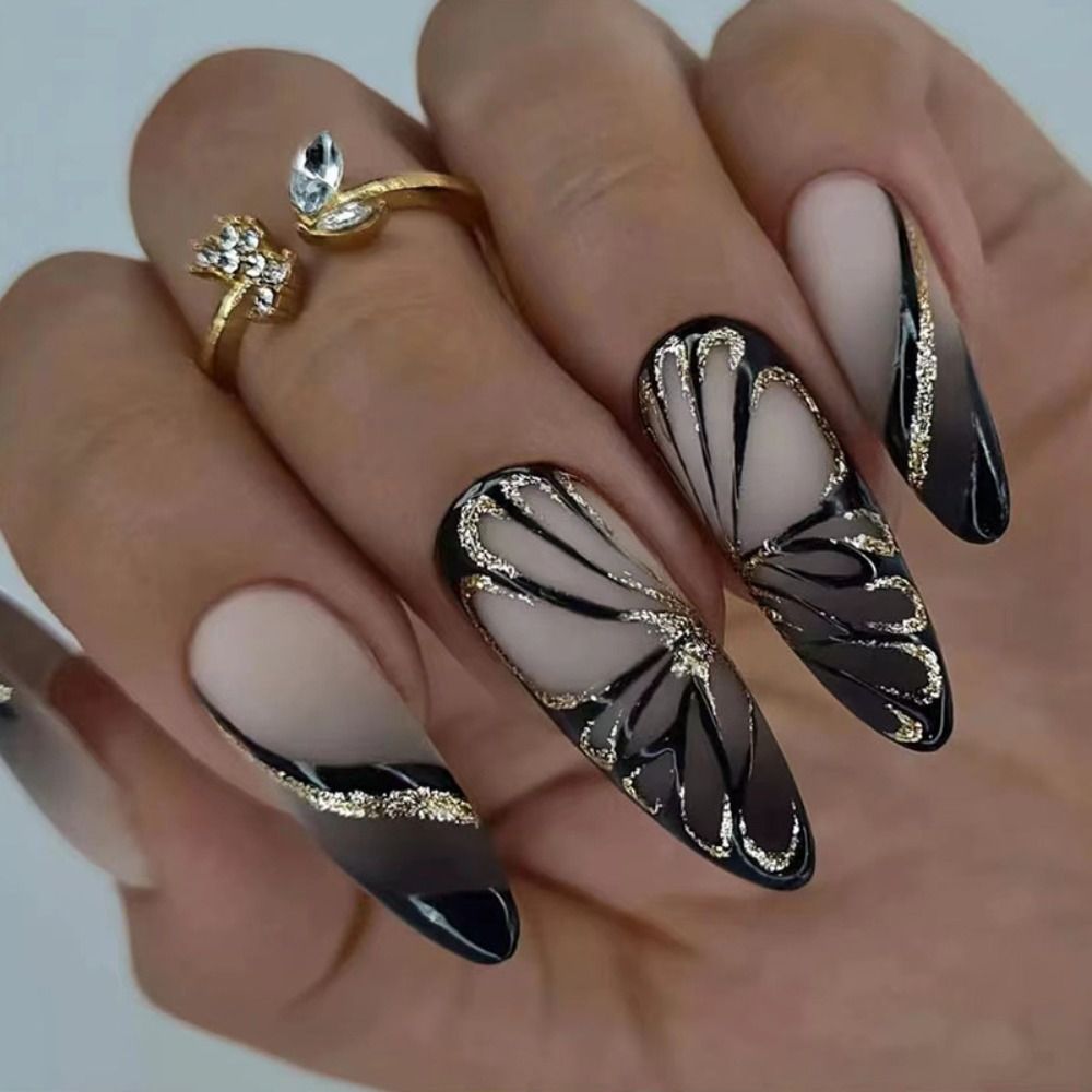 24Pcs Detachable Almond French Full Cover False Nails Silver Butterfly Lines Stiletto Fake Nials Press On Nails DIY Manicure 14