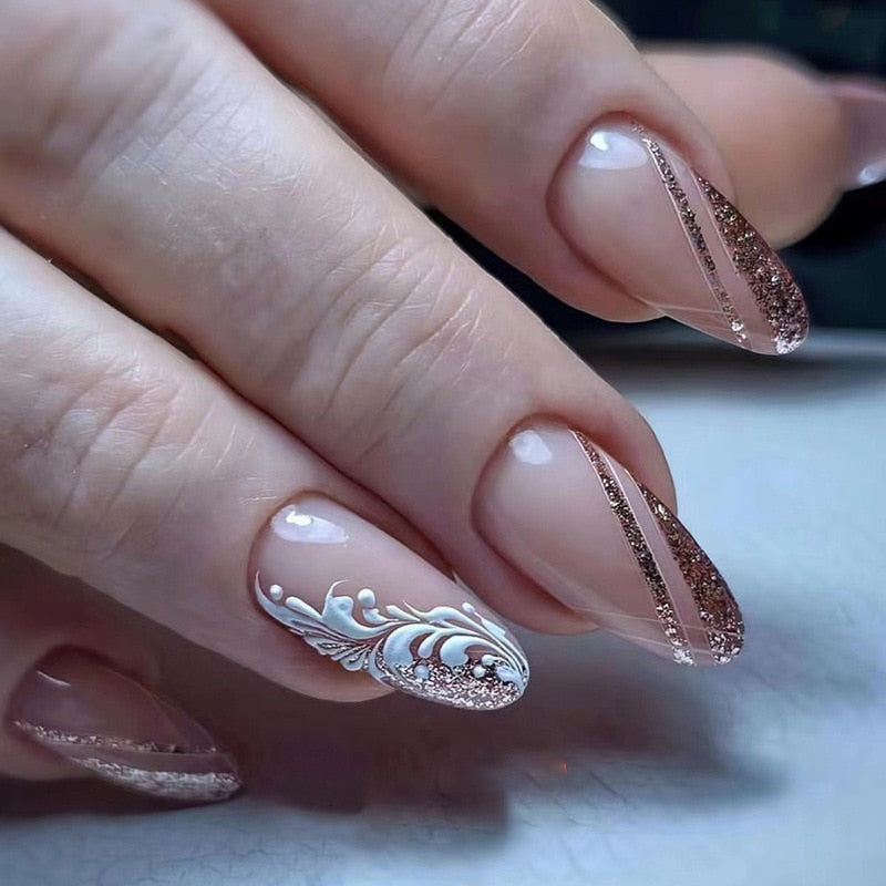 24Pcs Detachable Almond French Full Cover False Nails Silver Butterfly Lines Stiletto Fake Nials Press On Nails DIY Manicure 34