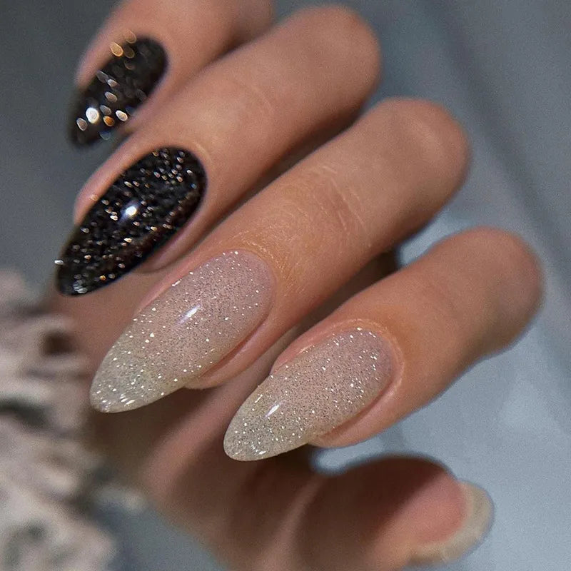 24Pcs Detachable Almond French Full Cover False Nails Silver Butterfly Lines Stiletto Fake Nials Press On Nails DIY Manicure 21