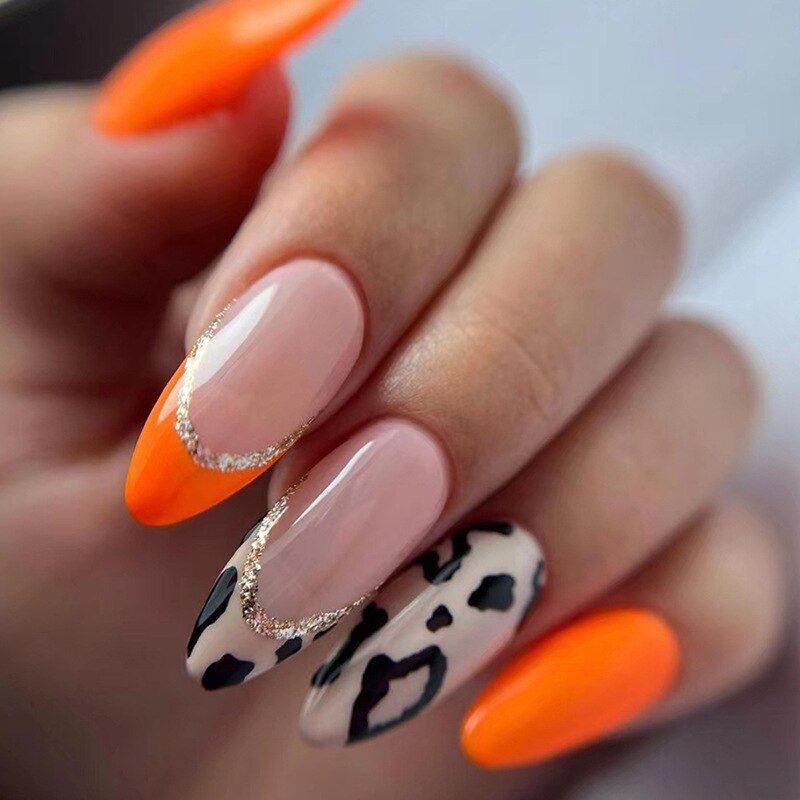 24Pcs Detachable Almond French Full Cover False Nails Silver Butterfly Lines Stiletto Fake Nials Press On Nails DIY Manicure 30
