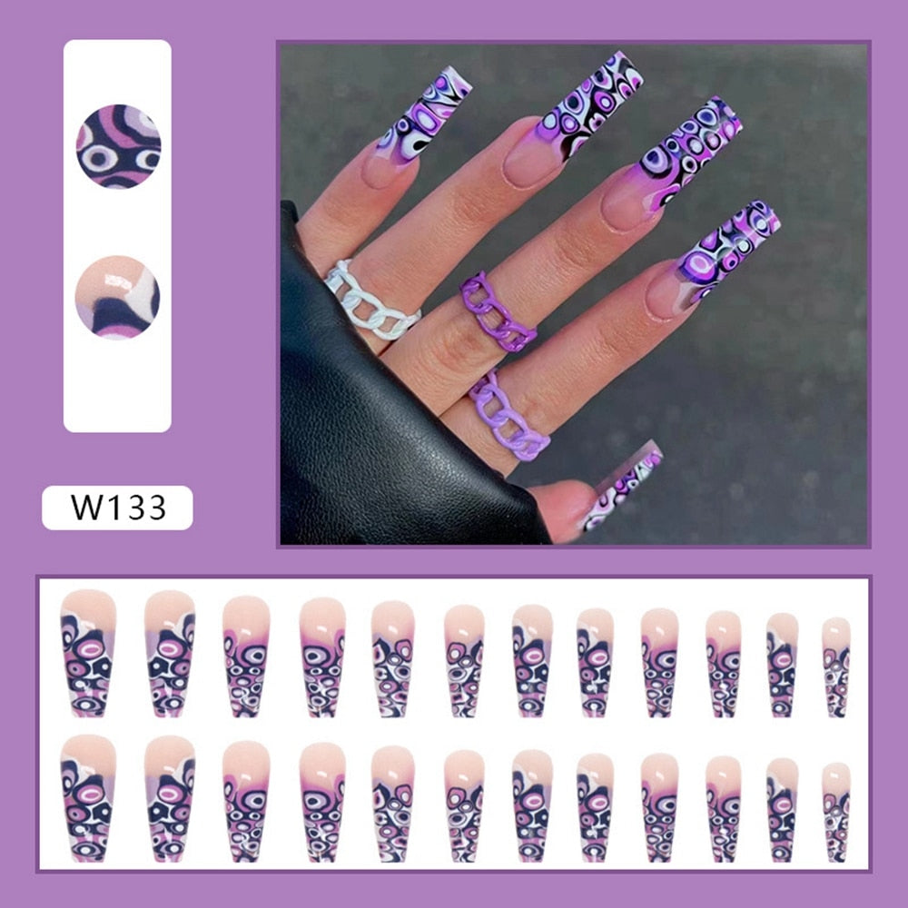 24Pcs Detachable Artificial Fake Nails French Purple Grape Blue wave Design Long Ballet Coffin Press On Nail False Manicure Tips 1