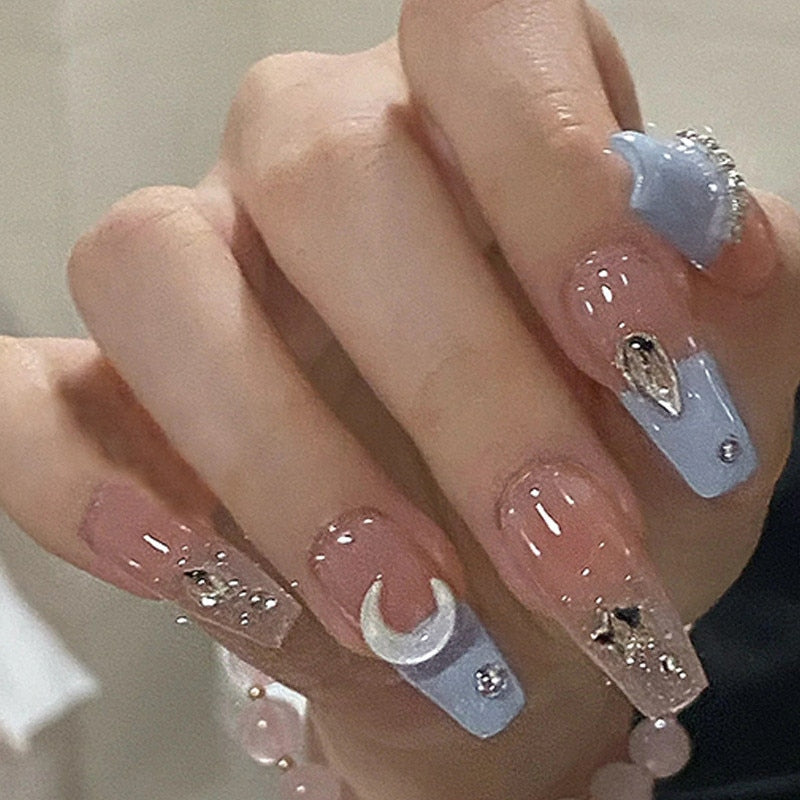 24Pcs Detachable False Nails Rhinestones Blue Wearable Fake Nails Full Cover Nail Tips Fake Nail with Moon Design Press on Nails