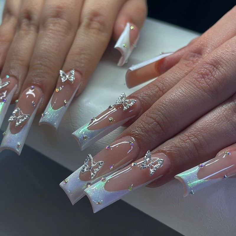 24Pcs Extra Long Ballet False Nails with Rhinestone Acrylic Square Head Fake Nails Heart-shaped Designs Wearable Press on Nails 1021