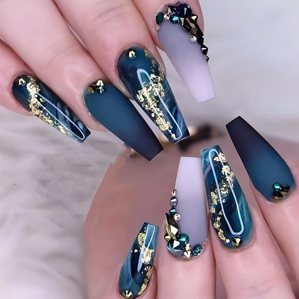 24Pcs False Nails Rhinestone Glitter Marble Grain Design Fake Fingernails Long Ballet Wearable Acrylic Full Cover Press on Nails