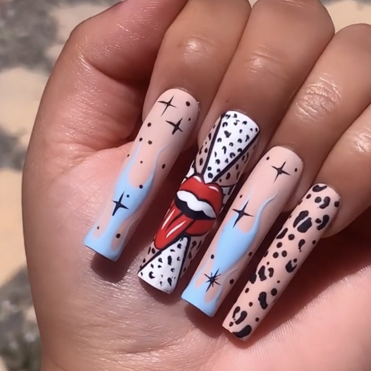 24Pcs False Nails Rhinestone Glitter Marble Grain Design Fake Fingernails Long Ballet Wearable Acrylic Full Cover Press on Nails 279