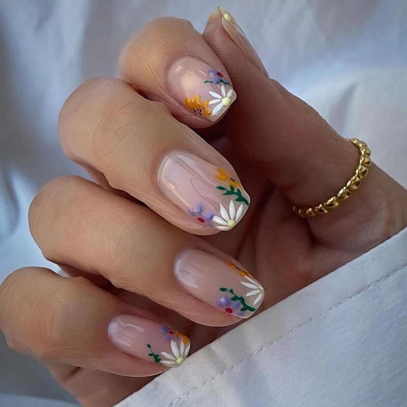 24Pcs False Nails Short Square Head Heart Rhinestone Pearl Full Cover Nail Tips Detachable Fake Nails Press on Nails Manicure A03